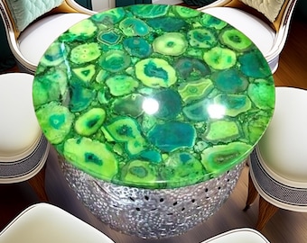 Vibrant Green Agate End Table | Natural Gemstone Side Table | Healing Crystal Decor | Handmade Agate Slice Table Top | Unique Silver Base