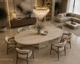 Travertine Oval Dining Table – Handcrafted Natural Stone Modern Minimalist Furniture