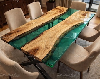 Live Edge Wood Epoxy River Dining Table Top | Emerald Green Resin, Modern Rustic Furniture