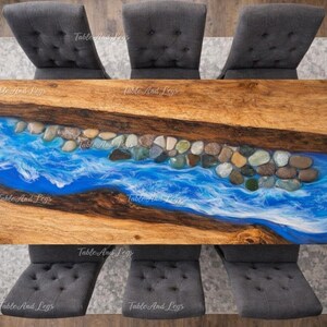 Ocean Wave Epoxy River Dining Table Top | Live Edge Wood & Blue Resin Table | Dining Furniture | Live Edge Wood Blue Epoxy Dining Table top|