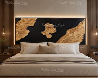 Tête de lit Live Edge en noyer | Art mural époxy noir rivière, décoration fait main