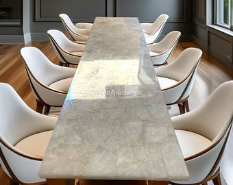 Luxury White Quartz Table Top | Clear Agate Mosaic Slab | High Geode Conference Desk Polished White Gemstone Table | Natural Crystal Stone