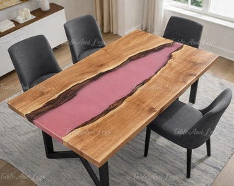 Pink Epoxy River Dining Table Top | Live Edge Wood Resin Furniture