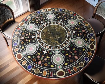 Round Marble Inlay Table Top – Multi Gemstone Pietra Dura Dining Table – Handmade Black Marble Mosaic Art – Luxury Floral Inlaid Decor