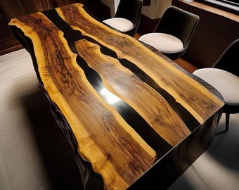 Live Edge Wood Dining Table - Custom Resin River Table, Handmade Rustic Kitchen Island