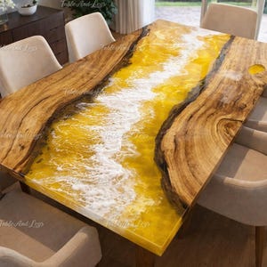 Yellow Epoxy River Dining Table Top | Live Edge Wood Resin Table | Handmade Luxury Dining Furniture Luxury Yellow Resin River Dining Table |