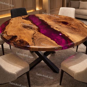 Round Walnut River Table with Magenta Epoxy – Custom Live Edge Dining Table – Luxury Resin Furniture table top Magenta Epoxy Resin Table top