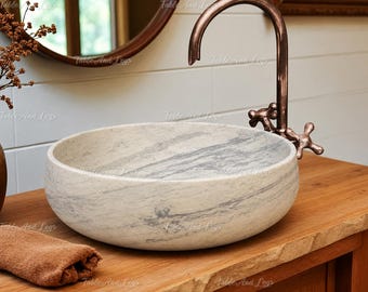 Carrara Calacatta Marble Round Vessel Sink | Handcrafted Luxury Stone Bathroom Basin