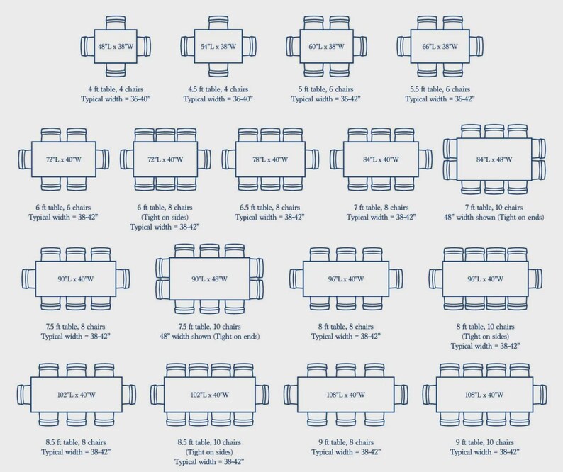 May include: Diagram of various rectangular table sizes with corresponding chair arrangements. Measurements are in feet and inches, including table lengths and widths, and the number of chairs. The typical width is 36-42 inches.