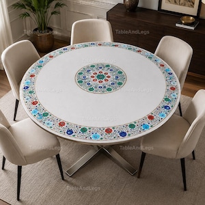 Luxury White Marble Inlay Dining Table Top – Handmade Round Pietra Dura Floral Table Marble Inlay Dining Table – White Floral Inlay Dining –