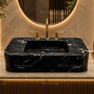 Black Spider Marble Vessel Sink | Handmade Rectangular Natural Stone Vanity Basin