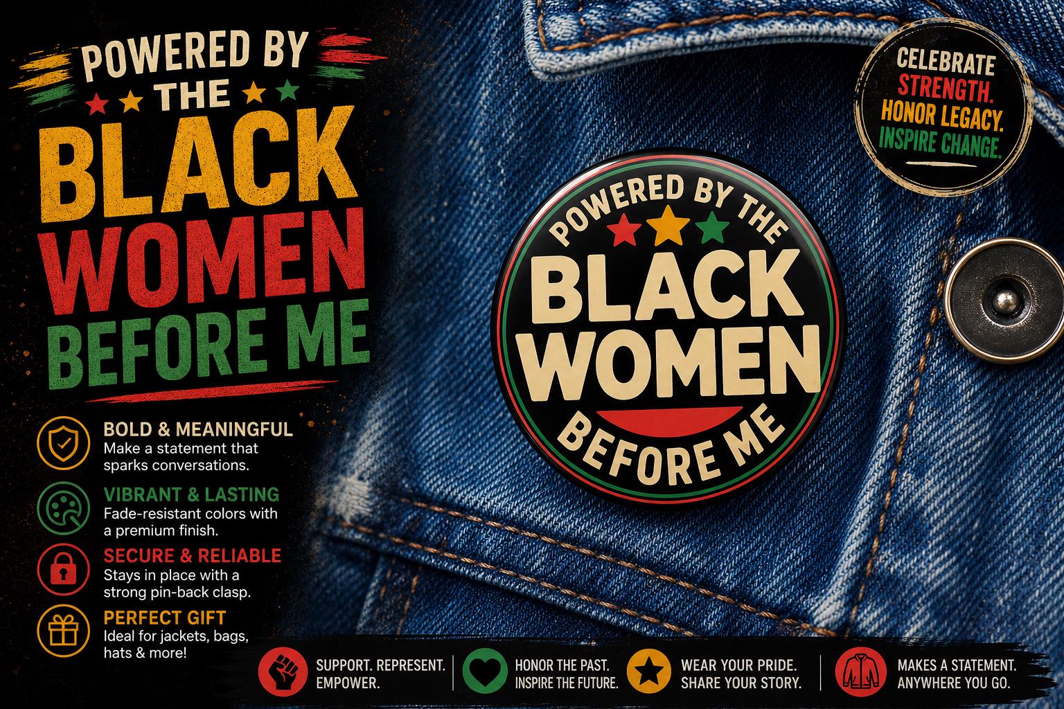 Botón con el lema "Impulsado por las mujeres negras que me precedieron", pin de empoderamiento negro, regalo afrocéntrico, insignia del orgullo melanin, pin para chaqueta o mochila.