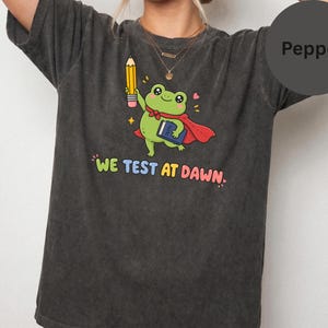 May include: A pepper-colored, short-sleeved t-shirt featuring a graphic of a green frog wearing a red cape, holding a yellow pencil and a blue book. The text "WE TEST AT DAWN" is printed below the frog in colorful, rounded, block-style lettering.