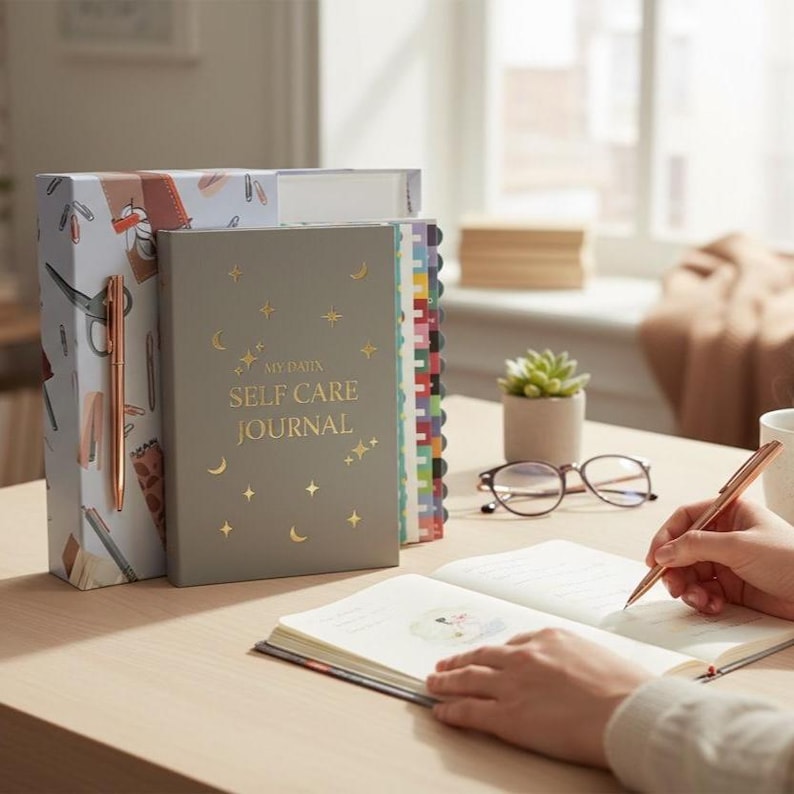 May include: A gray "My Daily Self Care Journal" with gold celestial accents and text. A rose gold pen rests on the journal and another is being used to write in an open journal. A patterned box and a succulent are also visible.