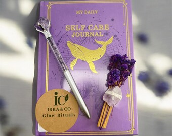 Self Care Journal Gift Set with Crystal Pen & Palo Santo · Mindfulness Diary · Wellness Journal · Thoughtful Personalized Gift