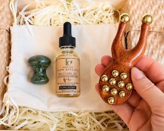 Messing en jade massageapparaatset voor gezicht, nek, schouders, benen en hoofdhuid | Ayurvedische lymfedrainagemassageset voor het hele lichaam | Cadeau voor zelfverzorging