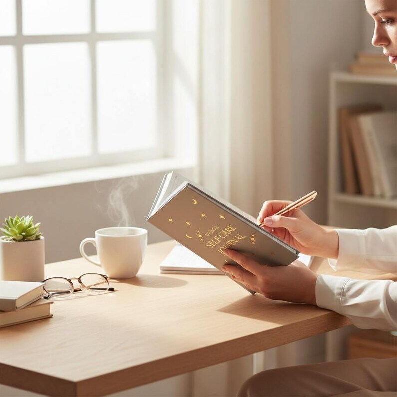 May include: A person writing in a tan "Self Care Journal" with gold stars and text. A gold pen is in hand. A white mug with steam, glasses, and a small succulent plant sit on a wooden desk. A window is in the background.