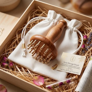 Solid Brass and Wood Massager | Deep Tissue Body and Scalp Massage Tool | Muscle Knot and Trigger Point Relief | Unisex Self Care Gift