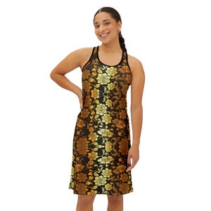 Racerback Dress, Golden Floral Print Dress, Women&#39;s Clothing, Cozy Comfort Dress, Stylish Dress