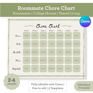 Könnte beinhalten: Eine druckbare WG-Putzplan-Tabelle mit cremefarbenem Hintergrund und dekorativem Rand. Die Tabelle ist in ein Raster mit Namen und Aufgaben für jede Woche unterteilt. Der Text enthält "Roommate Chore Chart" und "Chore Chart."