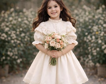 May include: A cream-colored dress with short puff sleeves, a high ruffled collar, and a row of buttons down the front bodice. The dress features lace trim along the hem and shoulders, and is held with a bouquet of light pink and white roses.