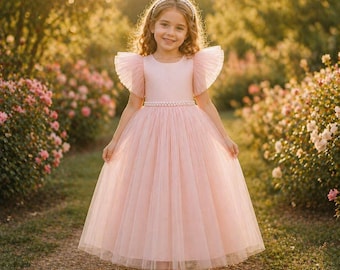 Flower Girl Dress Blush Pink Tulle,Elegant Toddler Wedding Dress,Bow Back Princess Dress, Birthday Girl Outfit,Communion Dress, Luxury Dress