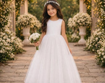 Luxury White Tulle Girl Dress, Princess Birthday Dress,Elegant Flower Girl Wedding Dress, Toddler Formal Dress, Special Occasion Kids Outfit