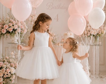 White Birthday Party Dress for Girls, Princess Tulle Dress, Toddler Birthday Outfit, Pearl Dress, Fancy Girl Dress, Cake Smash Dress