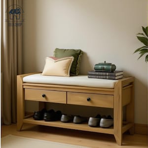 Natural Wood Entryway Bench with Cushion & Storage | Farmhouse Mudroom Seating with 2 Drawers and Shoe Shelf