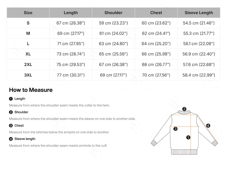 Pu&ograve; includere: Una tabella delle taglie per abbigliamento con colonne per taglia, lunghezza, spalla, torace e lunghezza manica in centimetri e pollici per le taglie dalla S alla 3XL. Sotto c'&egrave; un diagramma di una maglia con etichette numerate per la misurazione.