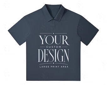 Może przedstawiać: Granatowa koszulka polo z kołnierzykiem i zapięciem na guziki. Koszulka zawiera tekst "YOUR CUSTOM DESIGN" w eleganckiej, białej czcionce, z napisem "LARGE PRINT AREA" poniżej. Koszulka jest pustym płótnem dla niestandardowych projektów.