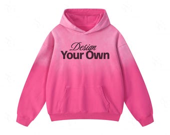 Może przedstawiać: Jaskraworóżowa bluza z kapturem z efektem gradientu, który rozjaśnia się ku górze. Z przodu znajduje się napis "Design Your Own" wykonany pogrubioną, ciemną czcionką, przy czym słowo "Design" zapisano ozdobnym pismem odręcznym powyżej.