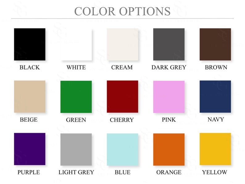Pu&ograve; includere: Una tabella colori che mostra quindici campioni quadrati etichettati con i rispettivi nomi: nero, bianco, crema, grigio scuro, marrone, beige, verde, ciliegia, rosa, blu navy, viola, grigio chiaro, blu, arancione e giallo, disposti su tre righe.
