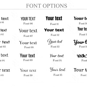 Pu&ograve; includere: Una griglia di venti stili di carattere distinti etichettati da Font 01 a Font 20, ognuno dei quali mostra la frase Your text in caratteri neri. L'intestazione recita FONT OPTIONS in un carattere serif maiuscolo centrato su sfondo bianco.