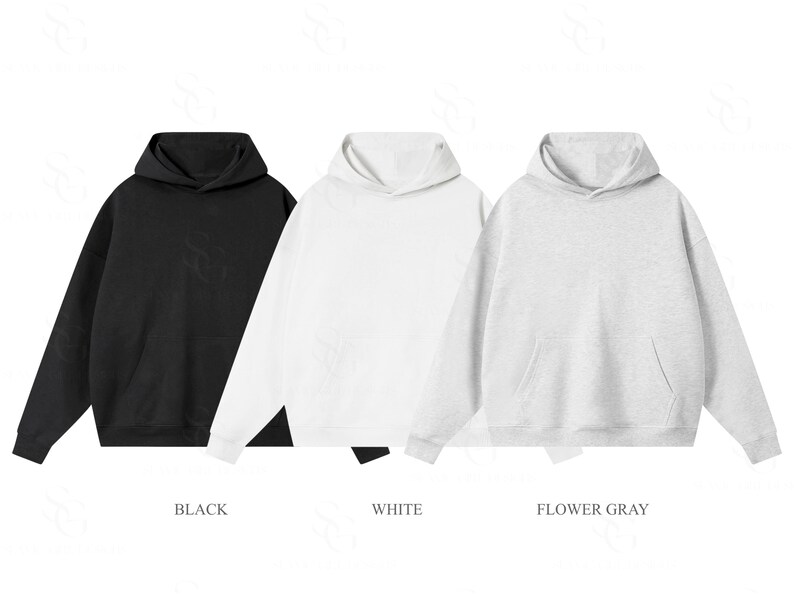 Pu&ograve; includere: Tre felpe con cappuccio a maniche lunghe dotate di una tasca a marsupio frontale e polsini a coste. Le felpe sono presentate in tre colori distinti: nero tinta unita, bianco tinta unita e grigio melange, con i nomi dei colori indicati sotto.