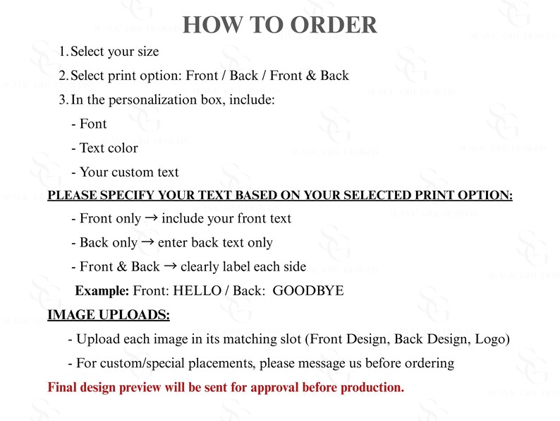 Pu&ograve; includere: Un grafico informativo intitolato HOW TO ORDER con testo nero su sfondo bianco. Elenca i passaggi per selezionare la dimensione, le opzioni di stampa e i dettagli di personalizzazione, inclusi carattere, colore e testo personalizzato.