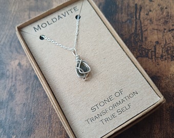 Genuine Moldavite wire wrapped 925 silver necklace