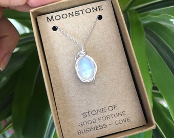 Moonstone flash necklace wire wrapped pendant Nevermore boutique