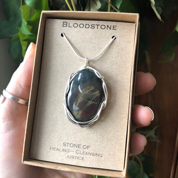 Large Bloodstone Necklace Wire Wrapped 