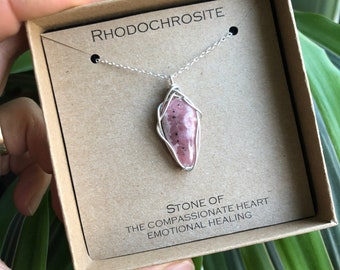 necklace Rhodochrosite 925 sterling silver wire wrapped pendant Nevermore boutique