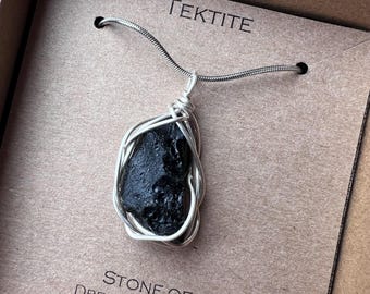 Tektite Wire Wrapped Necklace black pendant
