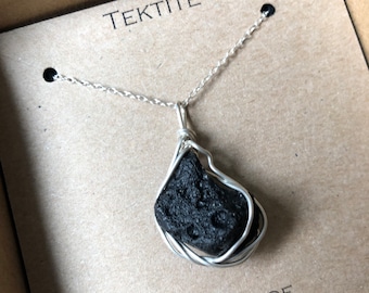 Tektite Wire Wrapped 925 silver Necklace black pendant