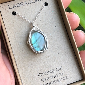 Labradorite flash necklace wire wrapped pendant Nevermore boutique