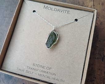 Genuine Moldavite wire wrapped 925 silver necklace