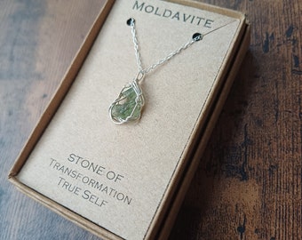 Genuine Moldavite wire wrapped 925 silver necklace