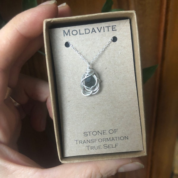 Genuine Moldavite Wire Wrapped 925 silver Necklace