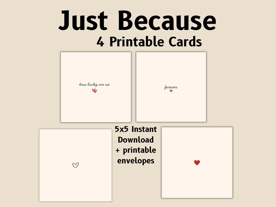 Printable Just Because 4 Card Bundle | Minimalist Heart Designs (5x5 ...