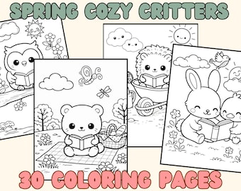 Spring Woodland Animals 30 Coloring Pages – Kawaii Critters Reading Activity (PDF JPG)
