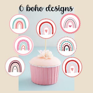 Boho Hearts Rainbow Cupcake Toppers (PDF & JPG Digital Download) Favor Tags Simple Birthday