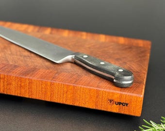 Planche à découper longue en bois – Bois massif de meranti à grain de bout – Planche de cuisine artisanale, pièce unique, 46,5 x 24 cm